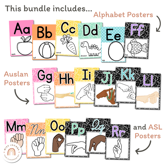 Cutesy Classroom Decor - Alphabet Posters Bundle - A-Z Alphabet, ASL, and Auslan Alphabet Posters - Miss Jacobs Little Learners