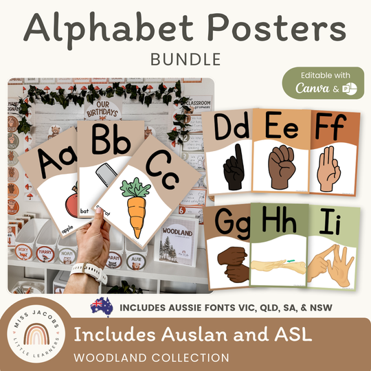 Alphabet Posters Bundle - English, ASL & Auslan - Woodland Decor