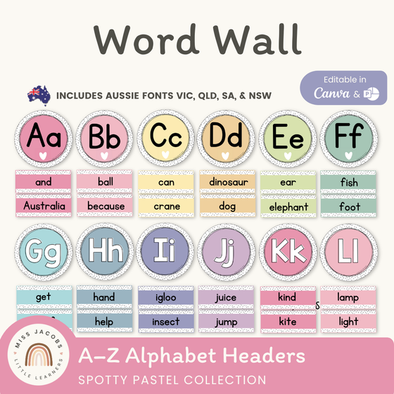 Alphabet Word Wall - Spotty Pastel Classroom Decor - Miss Jacobs Little Learners
