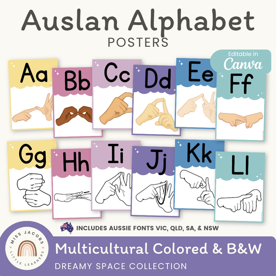 Auslan Alphabet Posters: Australian Sign Language - Dreamy Space Classroom Decor - Miss Jacobs Little Learners