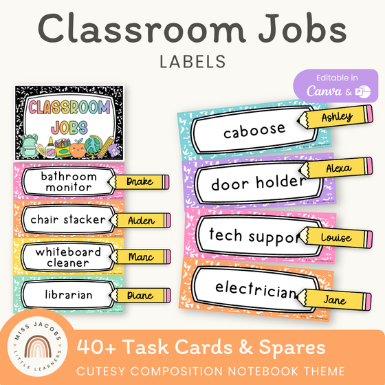 Classroom Job Chart - Cutesy Composition Notebook Classroom Decor - Miss Jacobs Little Learners