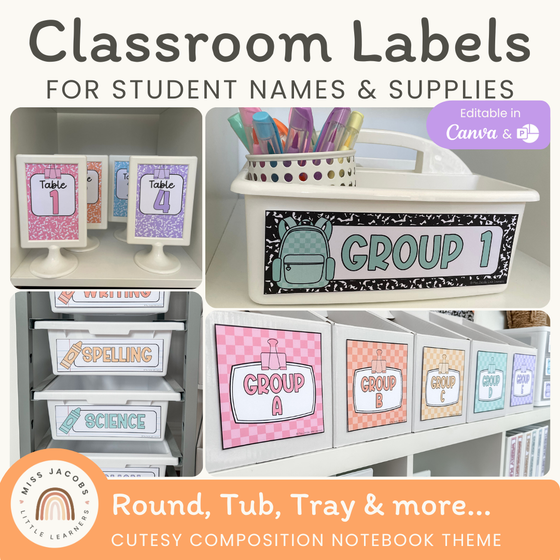 Classroom Labels - Cutesy Composition Notebook Classroom Decor - Miss Jacobs 