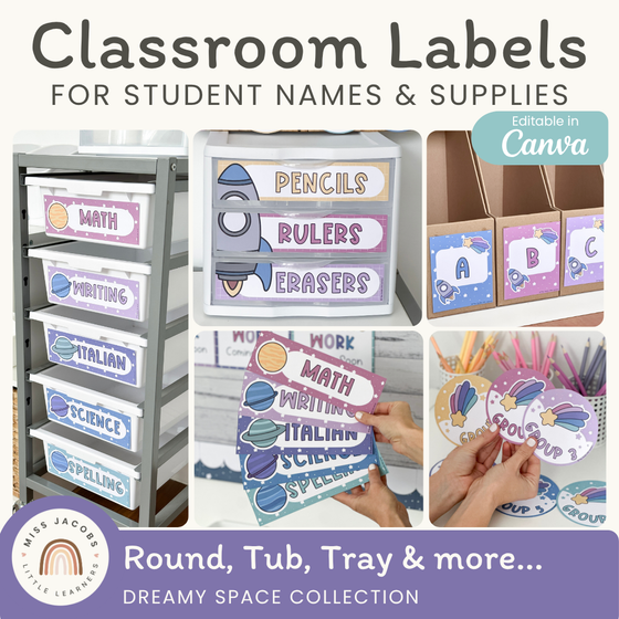 Classroom Labels Student Names & Supplies - Dreamy Space Decor - Miss Jacobs Little Learners