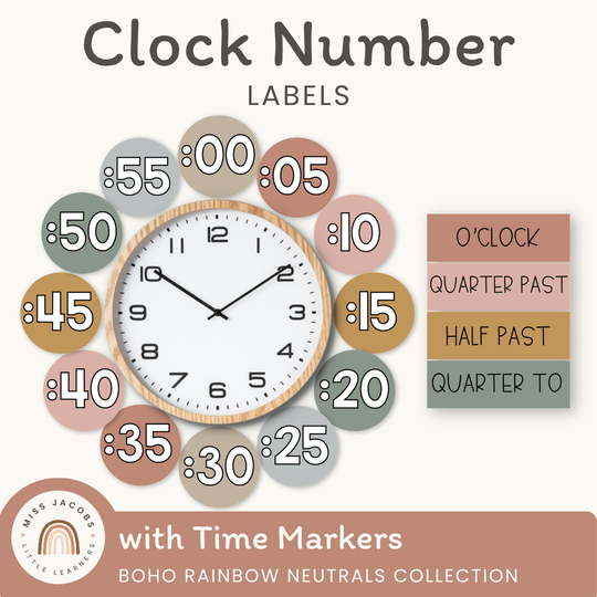 Clock Numbers - Boho Rainbow Neutrals Classroom Decor