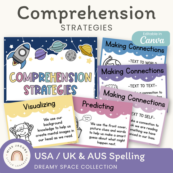Reading Comprehension Strategies Posters - Dreamy Space Theme - Miss Jacobs Little Learners