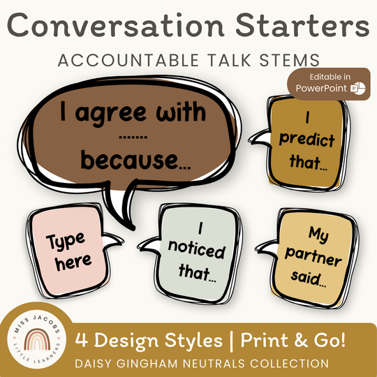 Conversation Starters - Daisy Gingham Neutrals Classroom Decor