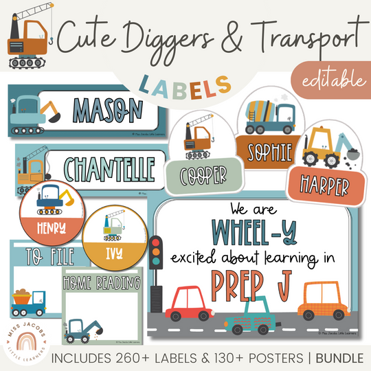 Classroom Labels Bundle (Student Name Tags, Posters & Door Display) - Cute Diggers and Transport Decor