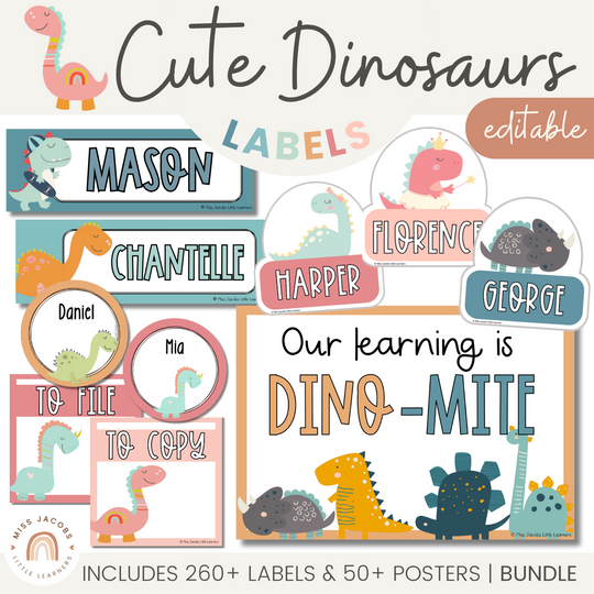 Classroom Labels Bundle (Student Name Tags, Posters & Door Display) - Cute Dinosaurs Decor