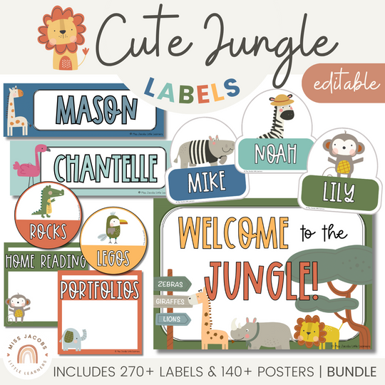 Class Labels Bundle - Name Plate, Door Display, Poster - Cute Jungle