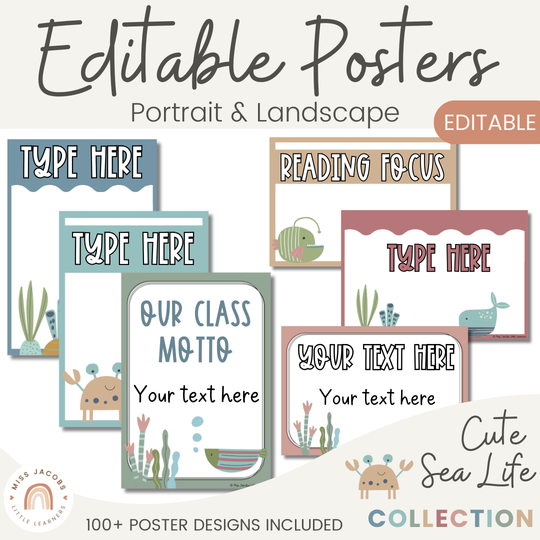 Editable Classroom Posters Templates - Cute Sea Life Theme