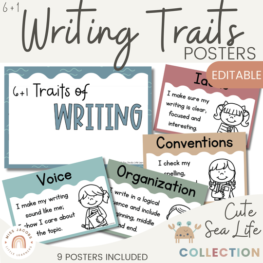 6 + 1 Traits of Writing Posters  - Cute Sea Life Classroom Decor
