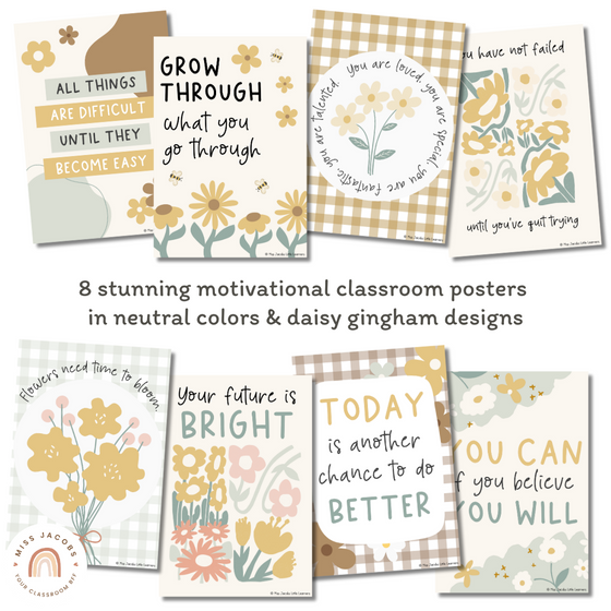 Motivational Classroom Posters | 100 Days of School Tally | Daisy Gingham Neutrals Classroom Decor | Editable - Miss Jacobs Little Learners
