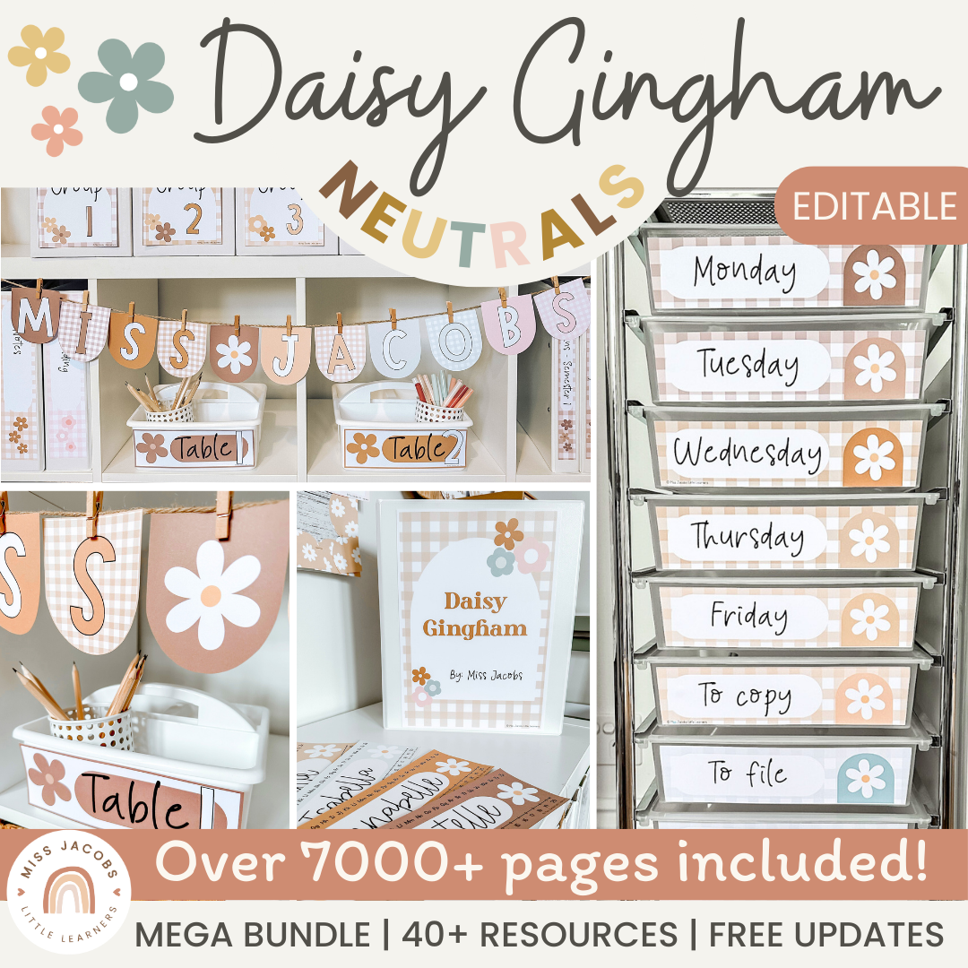  Daisy Gingham Neutrals Classroom Decor Bundle - Miss Jacobs Little Learners
