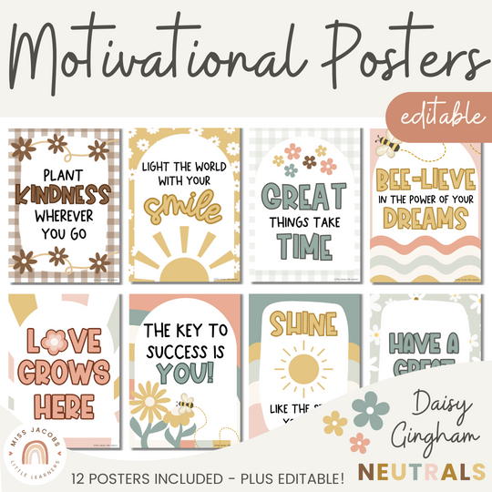 Inspirational Classroom Posters - Daisy Gingham Neutrals Decor