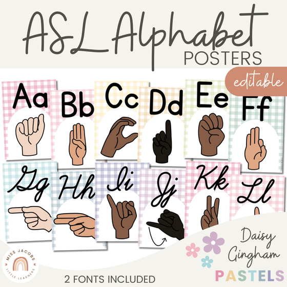 ASL (American Sign Language) Alphabet Posters | Daisy Gingham Pastels Classroom Decor - Miss Jacobs Little Learners