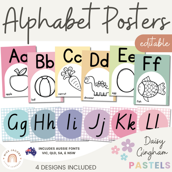 Alphabet Posters | Daisy Gingham Pastels Classroom Decor | Editable - Miss Jacobs Little Learners