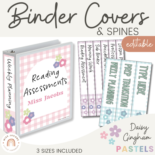 Binder Covers and Spine Labels - Daisy Gingham Pastels Decor