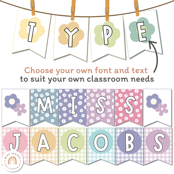 Bunting and Display Banners | Daisy Gingham Pastels Classroom Decor | Editable - Miss Jacobs Little Learners