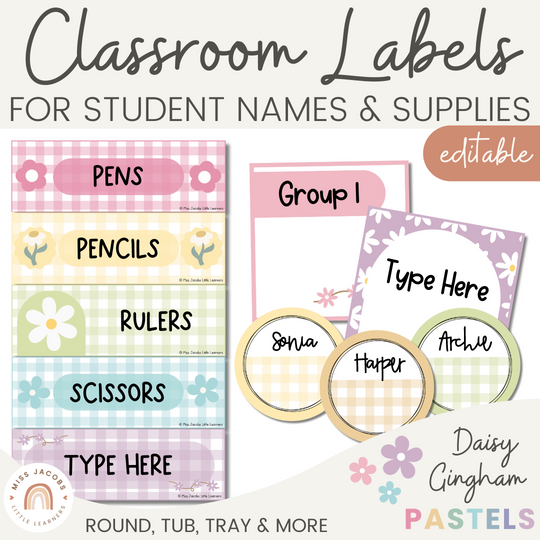 Classroom Labels Student Names & Supplies - Daisy Gingham Pastels