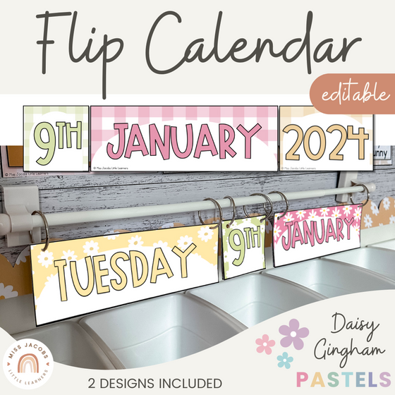 Flip Calendar | Interactive Date Display | Daisy Gingham Pastels Classroom Decor - Miss Jacobs Little Learners