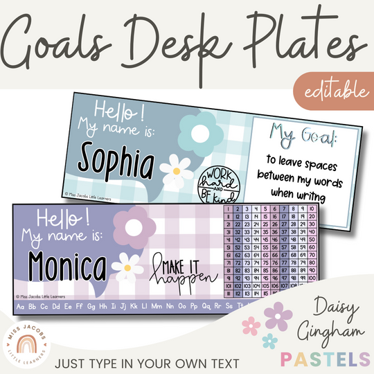 Student Desk Name Plate & Goals Mat - Daisy Gingham Pastels