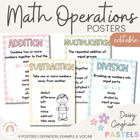 Daisy Gingham Pastels Math Operations Posters - Miss Jacobs Little Learners