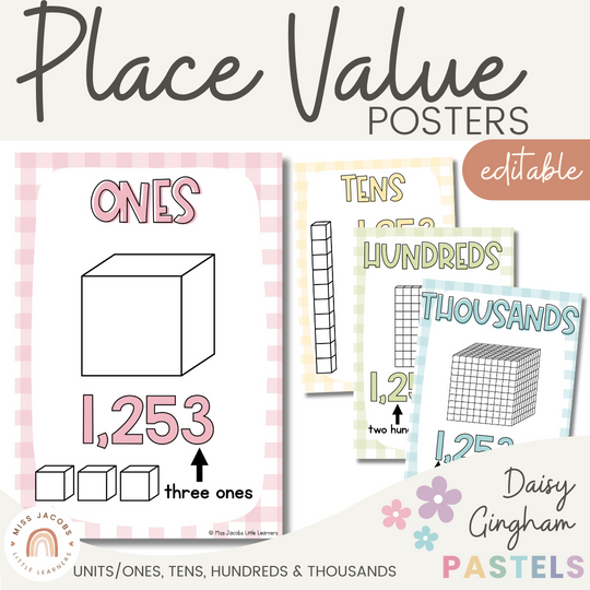 Place Value Posters - Base 10 Blocks - Daisy Gingham Pastels Theme