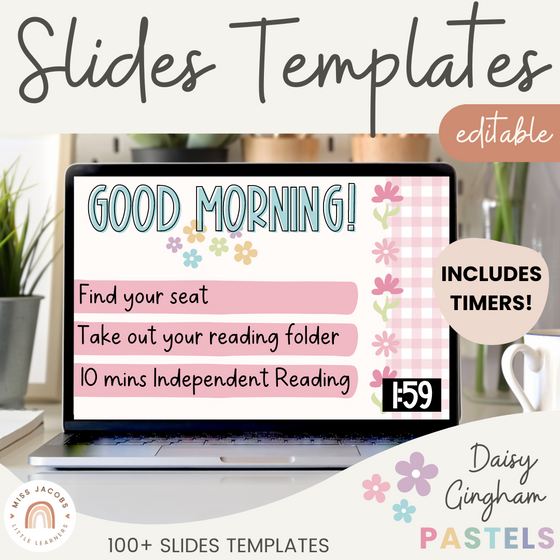 Morning Meeting Slides | Google Slides with Timers | Daisy Gingham Pastels Classroom Decor | Editable - Miss Jacobs Little Learners