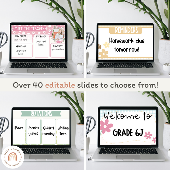 Morning Meeting Slides | Google Slides with Timers | Daisy Gingham Pastels Classroom Decor | Editable - Miss Jacobs Little Learners