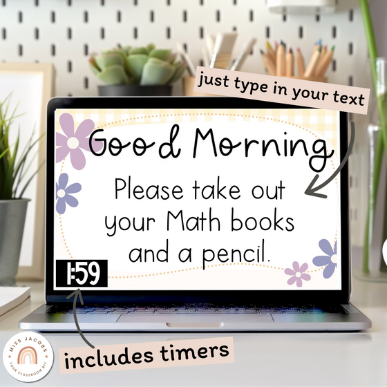 Morning Meeting Slides | Google Slides with Timers | Daisy Gingham Pastels Classroom Decor | Editable - Miss Jacobs Little Learners