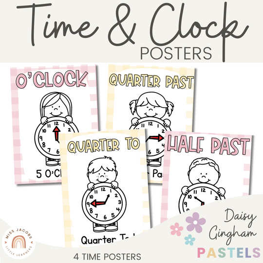 Telling Time and Clock Posters - Daisy Gingham Pastels Theme