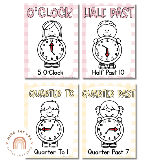 Daisy Gingham Pastels Time and Clock Posters - Miss Jacobs Little Learners