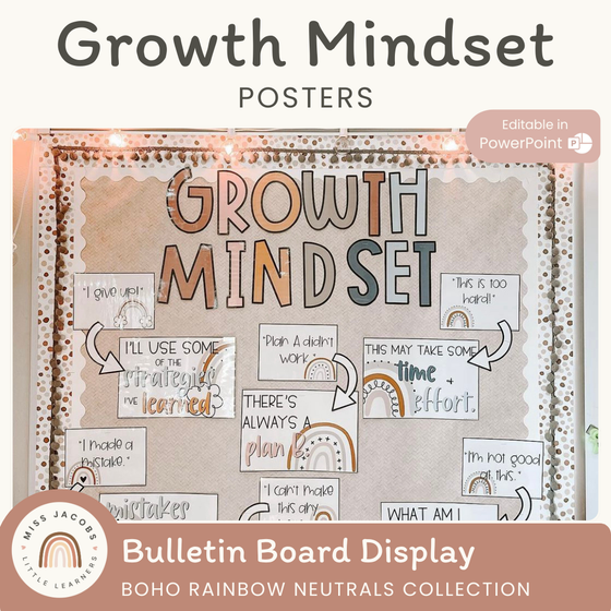 Boho Rainbow Themed Growth Mindset Posters | Neutral Rainbow Color Palette - Miss Jacobs Little Learners
