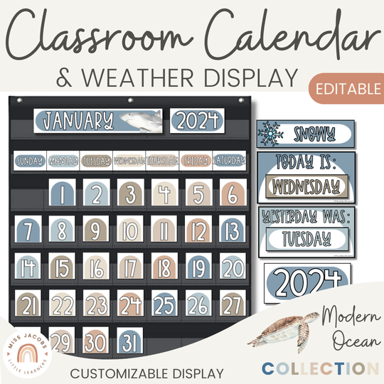 Calendar & Weather Display - Modern Ocean Classroom Decor