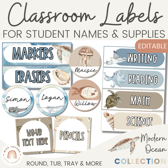 Modern Ocean Classroom Supply Labels & Student Name Tags - Miss Jacobs Little Learners