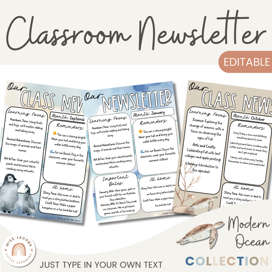 Classroom Newsletter Templates - Modern Ocean Classroom Decor