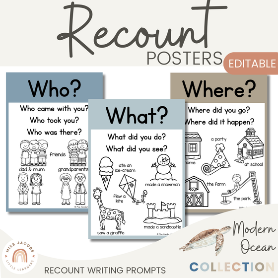 Modern Ocean Recount Writing Posters and Prompts - Miss Jacobs Little Learners