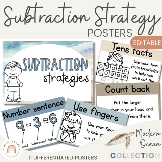 Subtraction Strategies Posters - Modern Ocean Classroom Decor
