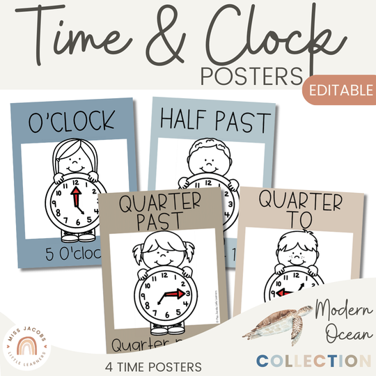 Telling Time and Clock Posters - Modern Ocean Classroom Decor