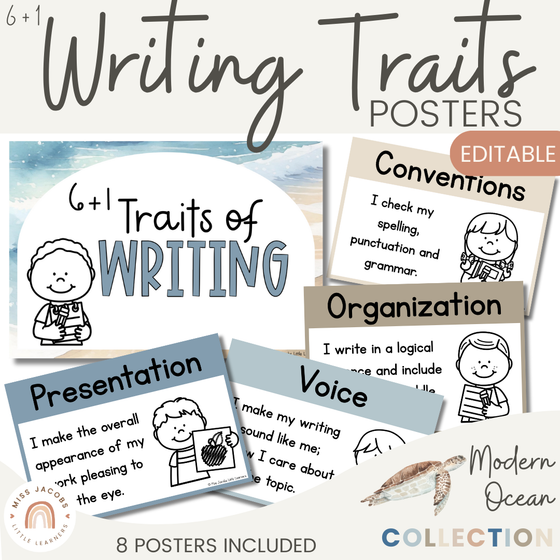 6 + 1 Traits of Writing Posters  - Modern Ocean English Posters Classroom Decor - Miss Jacobs Little Learners