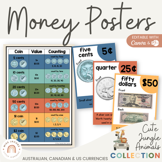 Money Posters - Cute Jungle Animals Classroom Decor - Miss Jacobs Little Learners