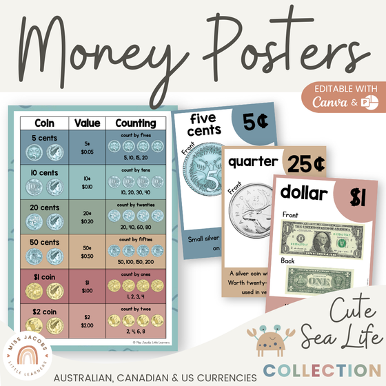 Money Posters - Cute Sea Life Theme Classroom Decor - Miss Jacobs Little Learners