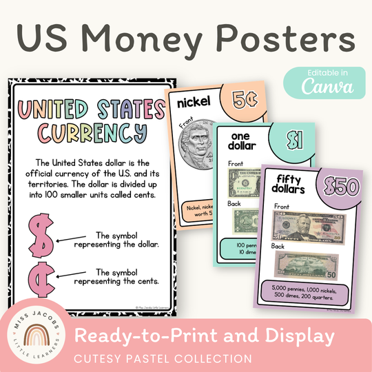 U.S. Money Posters - Cutesy Pastel Math Decor
