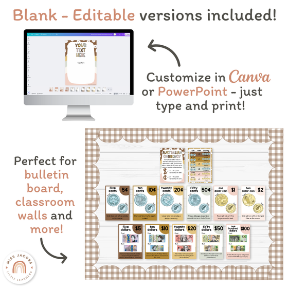 Money Posters - Daisy Gingham Neutrals Classroom Decor - Miss Jacobs Little Learners