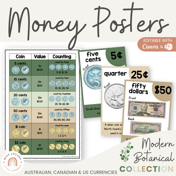 Money Posters - Modern Botanical Theme Classroom Decor - Miss Jacobs Little Learners