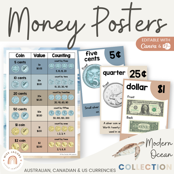 Money Posters - Modern Ocean Theme Classroom Decor - Miss Jacobs Little Learners