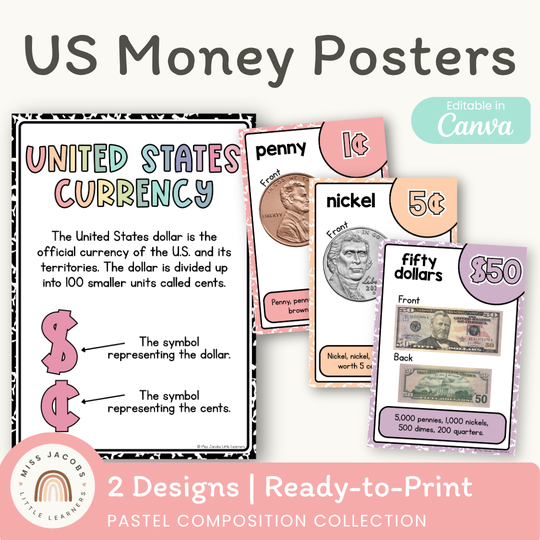 U.S. Money Posters - Pastel Composition Notebook Math Decor