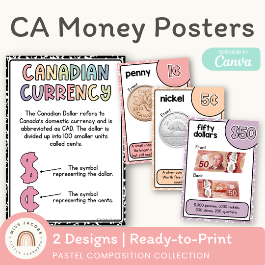 Canadian Money Posters - Pastel Composition Notebook Math Decor