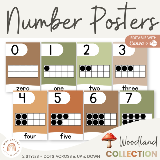 Number Posters Math with Ten Frames - Woodland Classroom Decor - Miss Jacobs Little Learners