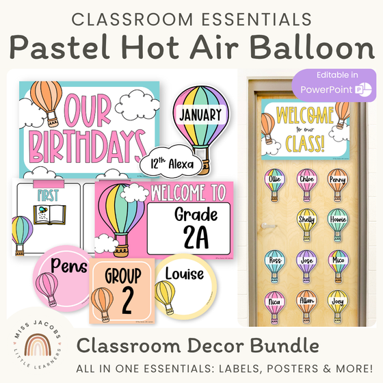 Pastel Hot Air Balloon Theme Classroom Essentials Decor Pack - Miss Jacobs Little Learners